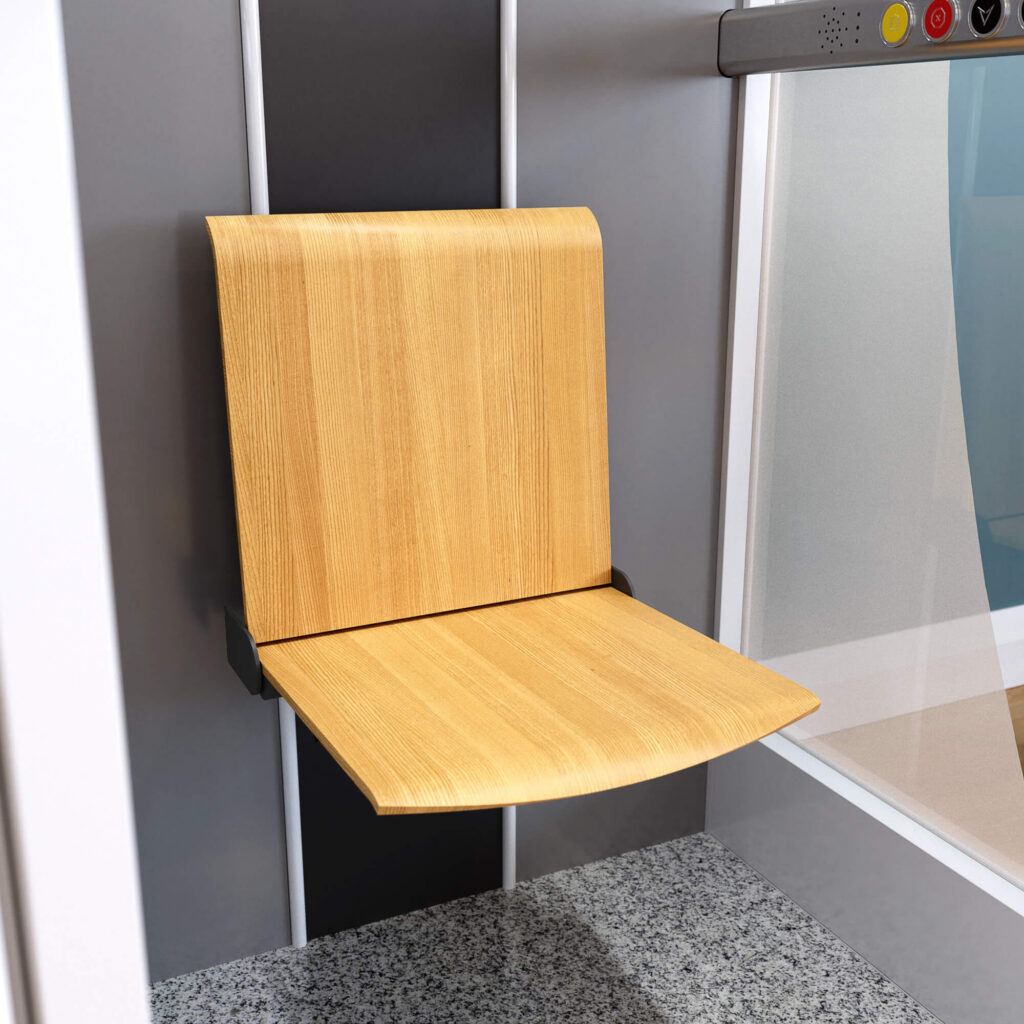 Fold up seat inside a residential home lift