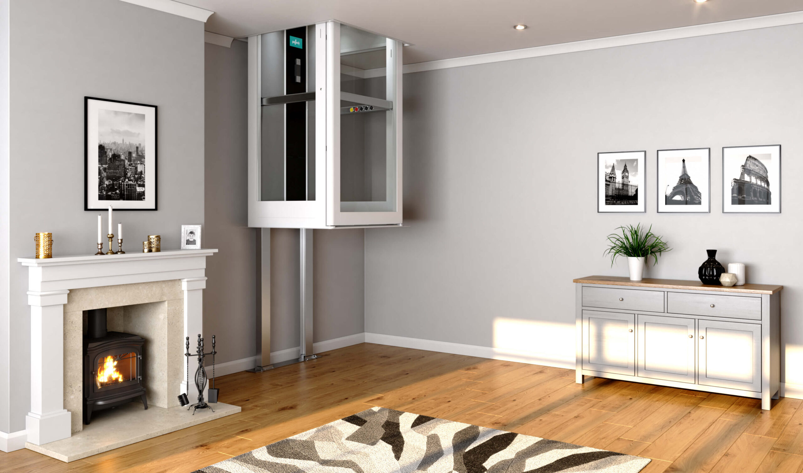 Vivo Home Lift going through the lounge ceiling to the upper floor.
