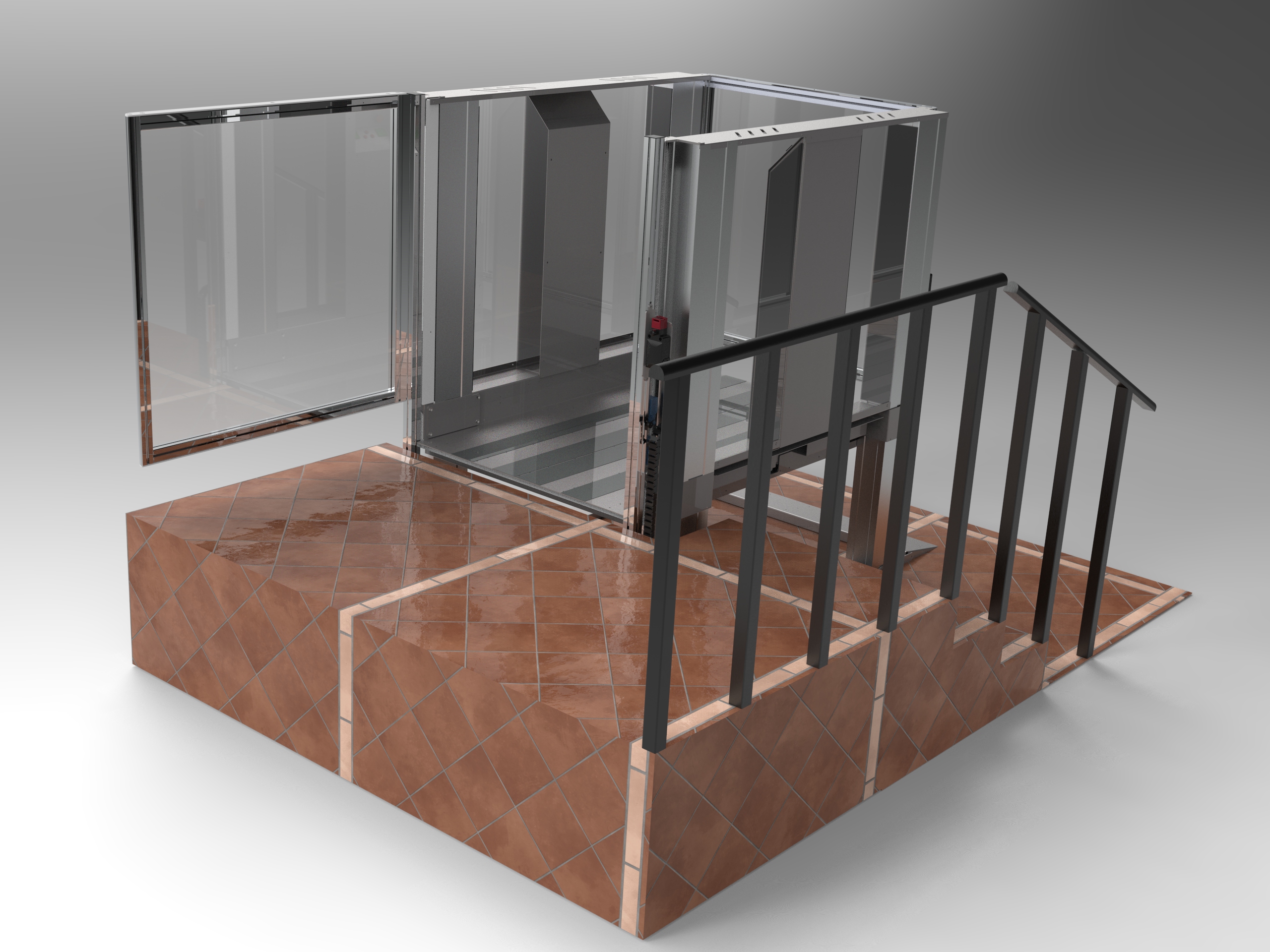 Step lift with a seamless glazed door