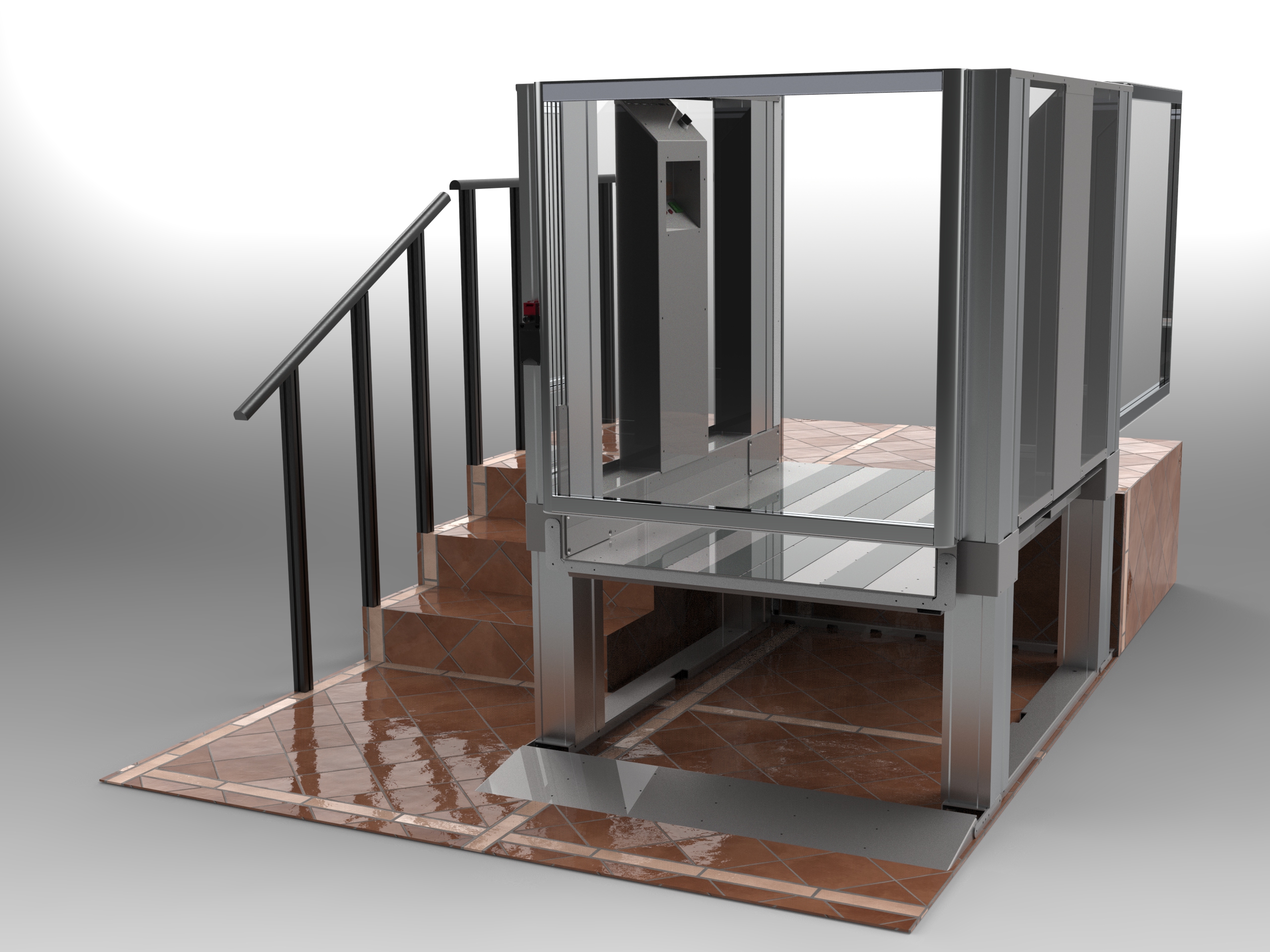 Step lift with a seamless glazed door and a silver finish.